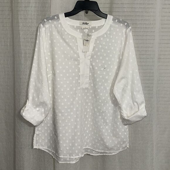 Van Heusen L White Cotton Swiss Dot Long Tab Roll up Sleeve V-Neck Top - Picture 8 of 14
